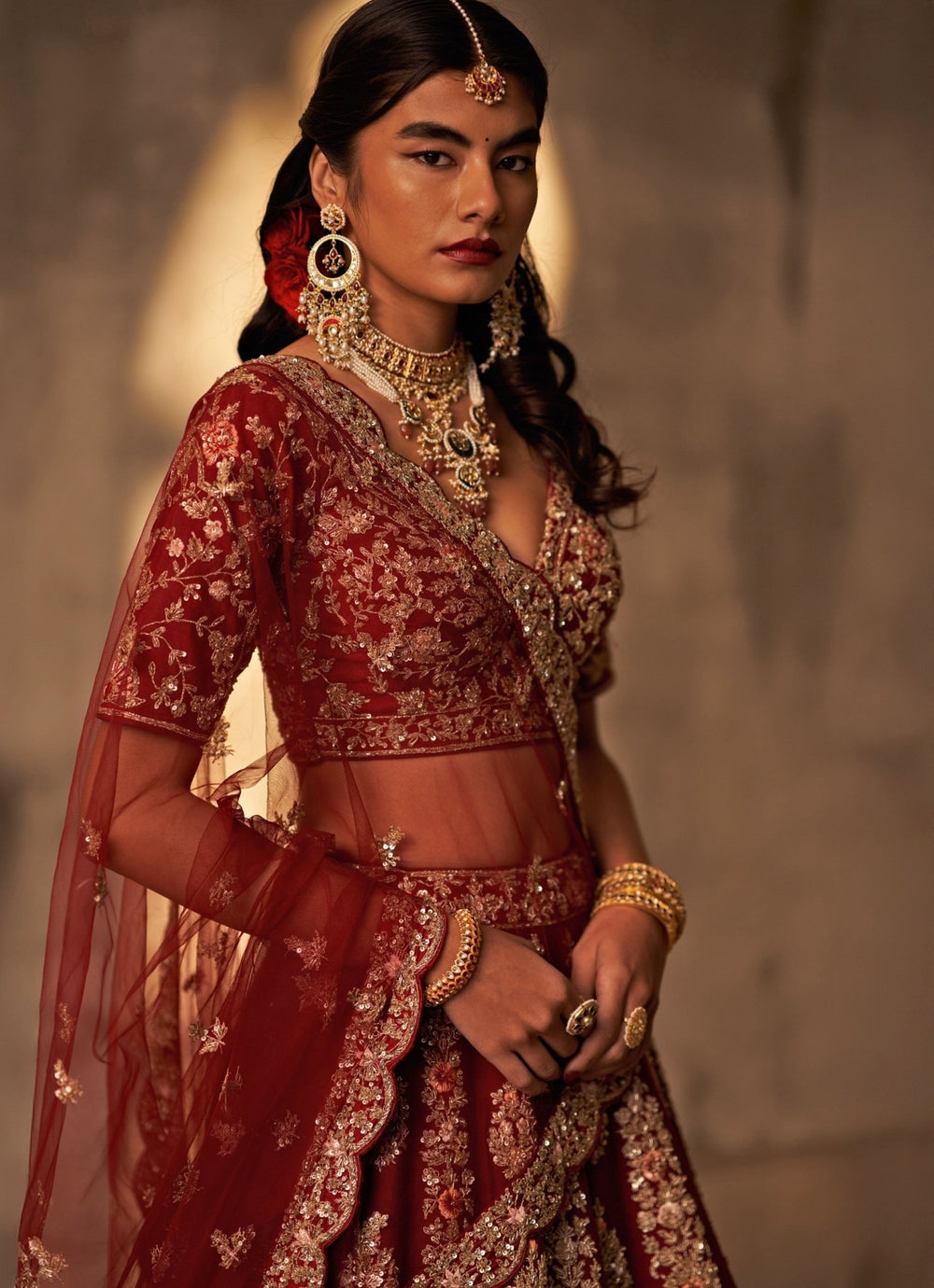 Maroon Red Raw Silk Double Dupatta Bridal Lehenga Set Angad Singh - Fabilicious Fashion