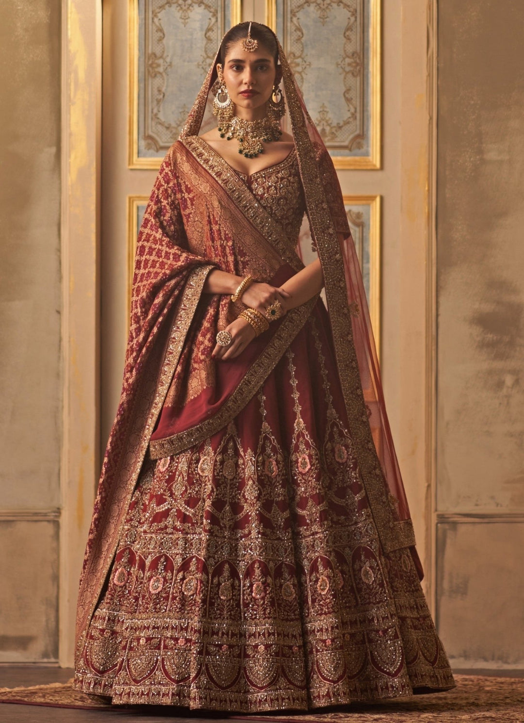 Angad Singh Maroon Red Raw Silk Double Dupatta Lehenga SetFabilicious Fashion