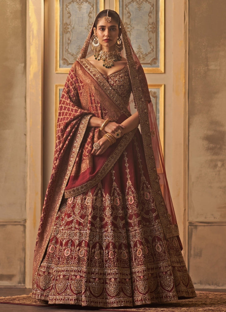 Angad Singh Maroon Red Raw Silk Double Dupatta Lehenga SetFabilicious Fashion