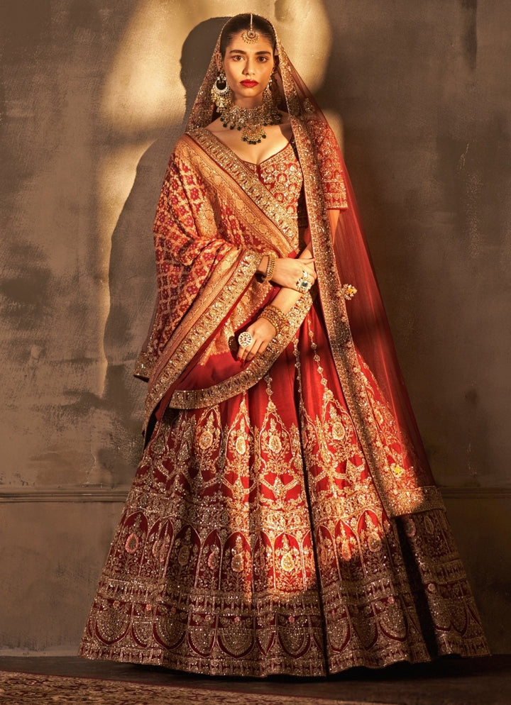 Angad Singh Maroon Red Raw Silk Double Dupatta Lehenga SetFabilicious Fashion