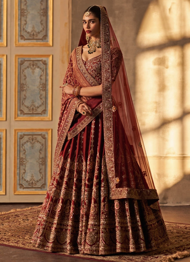 Angad Singh Maroon Red Raw Silk Double Dupatta Lehenga SetFabilicious Fashion