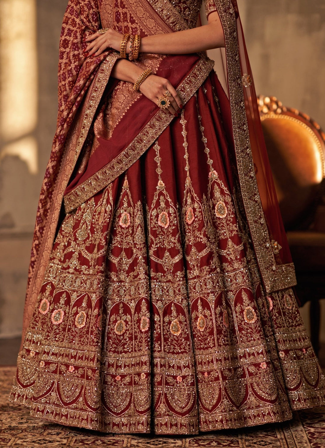 Angad Singh Maroon Red Raw Silk Double Dupatta Lehenga SetFabilicious Fashion