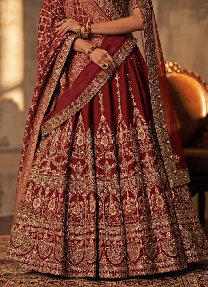 Angad Singh Maroon Red Raw Silk Double Dupatta Lehenga SetFabilicious Fashion