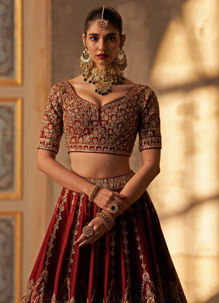 Angad Singh Maroon Red Raw Silk Double Dupatta Lehenga SetFabilicious Fashion