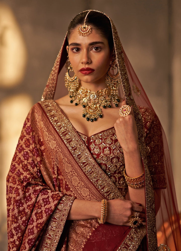 Angad Singh Maroon Red Raw Silk Double Dupatta Lehenga SetFabilicious Fashion