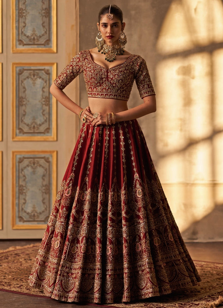 Angad Singh Maroon Red Raw Silk Double Dupatta Lehenga SetFabilicious Fashion