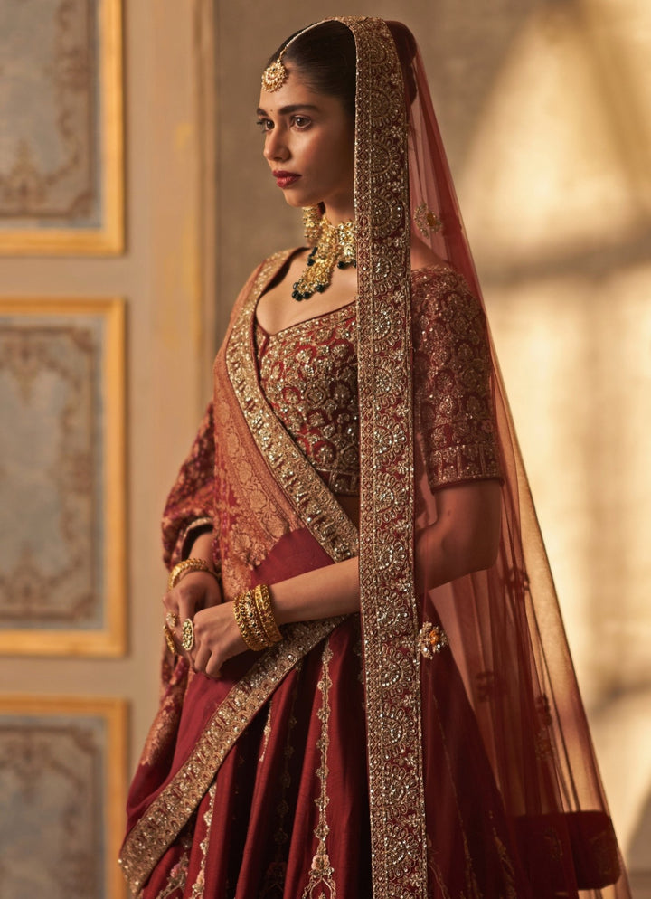 Angad Singh Maroon Red Raw Silk Double Dupatta Lehenga SetFabilicious Fashion