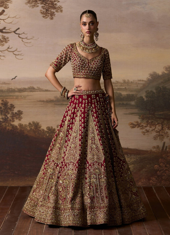 Angad Singh Maroon Red Raw Silk Double Dupatta LehengaFabilicious Fashion