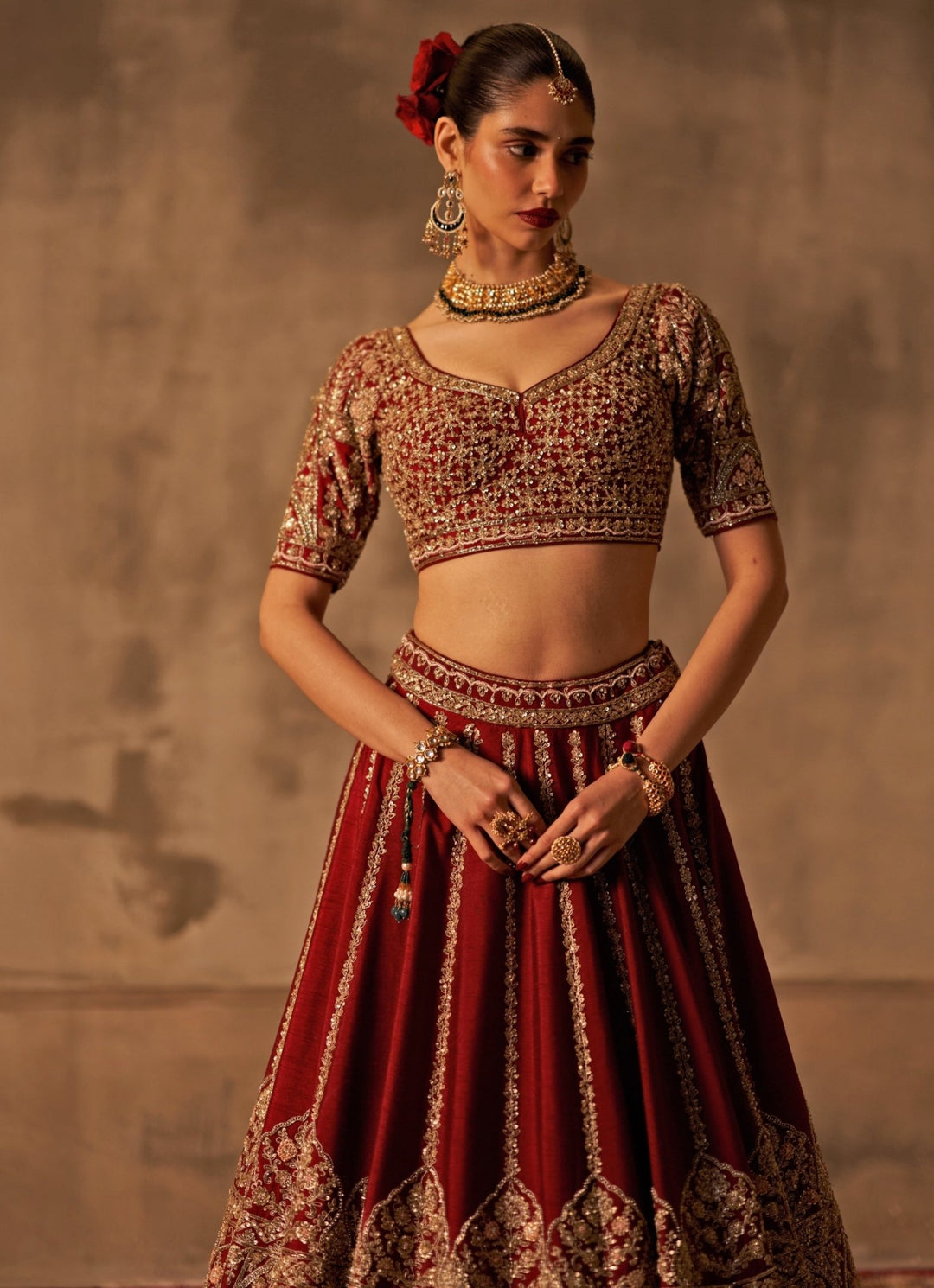 Angad Singh Maroon Red Raw Silk Lehenga Set With Double DupattaFabilicious Fashion