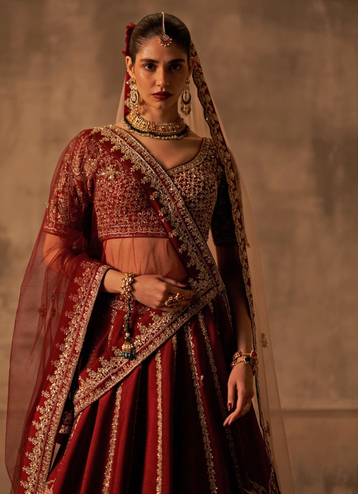 Angad Singh Maroon Red Raw Silk Lehenga Set With Double DupattaFabilicious Fashion