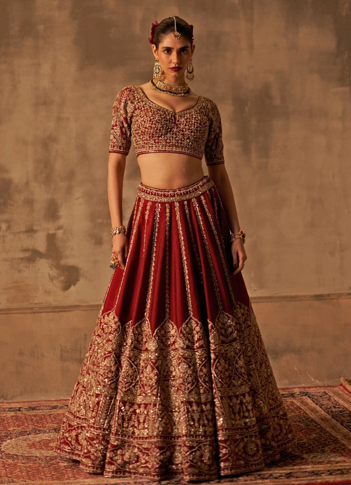 Angad Singh Maroon Red Raw Silk Lehenga Set With Double DupattaFabilicious Fashion