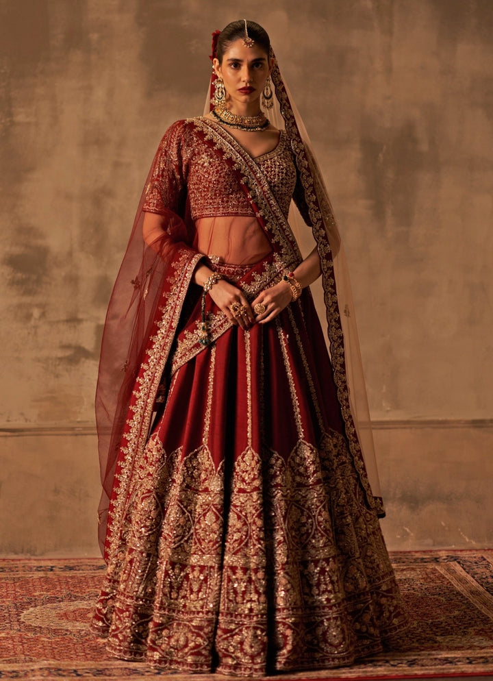 Angad Singh Maroon Red Raw Silk Lehenga Set With Double DupattaFabilicious Fashion