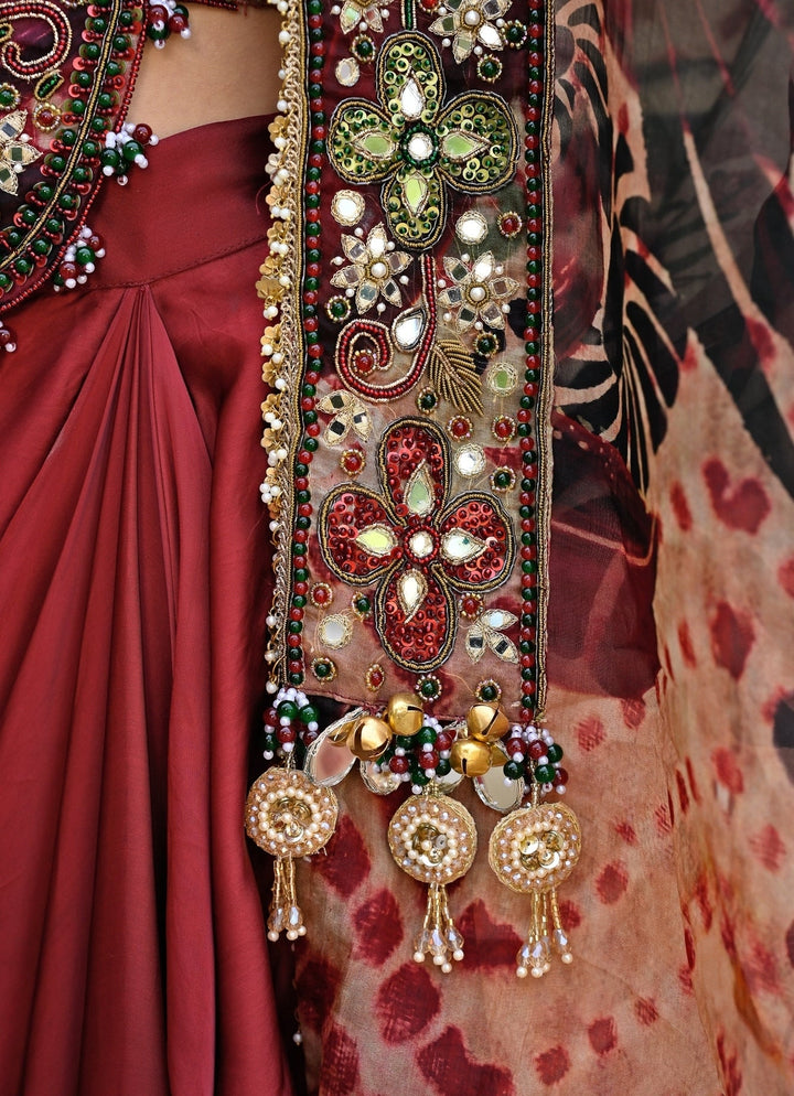 Juhi Bengani Maroon Red Satin Drape Skirt Set With CapeFabilicious Fashion
