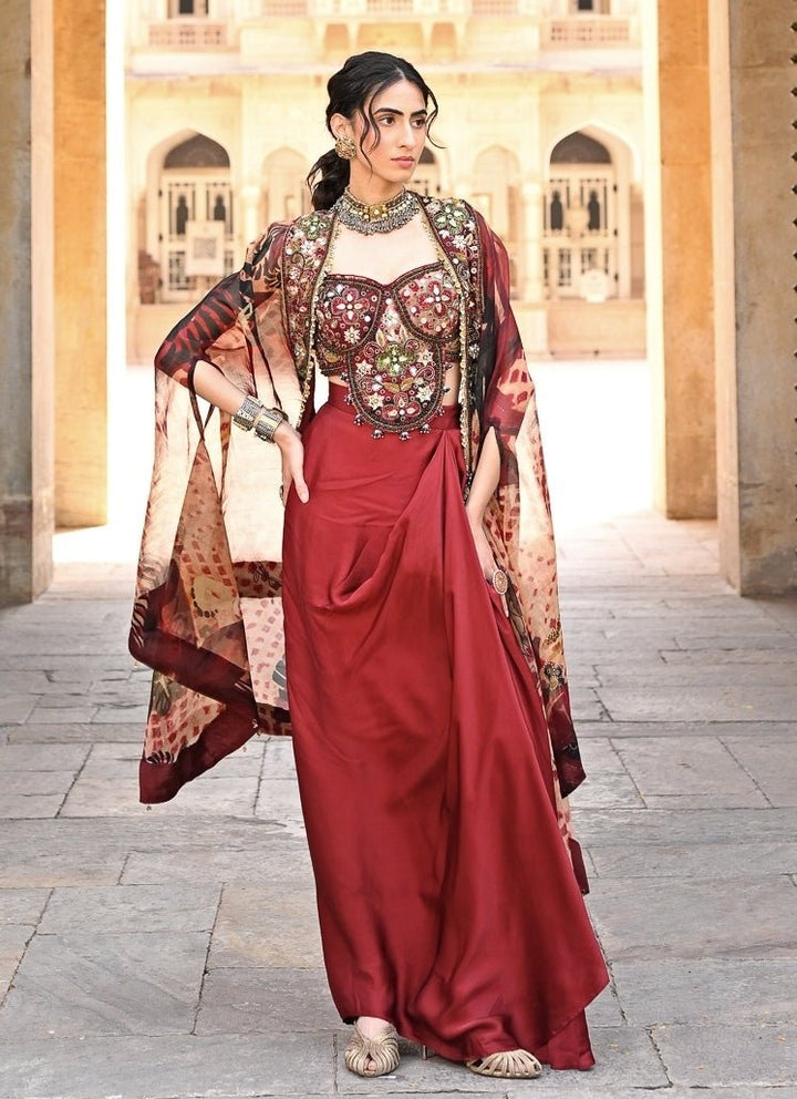 Juhi Bengani Maroon Red Satin Drape Skirt Set With CapeFabilicious Fashion