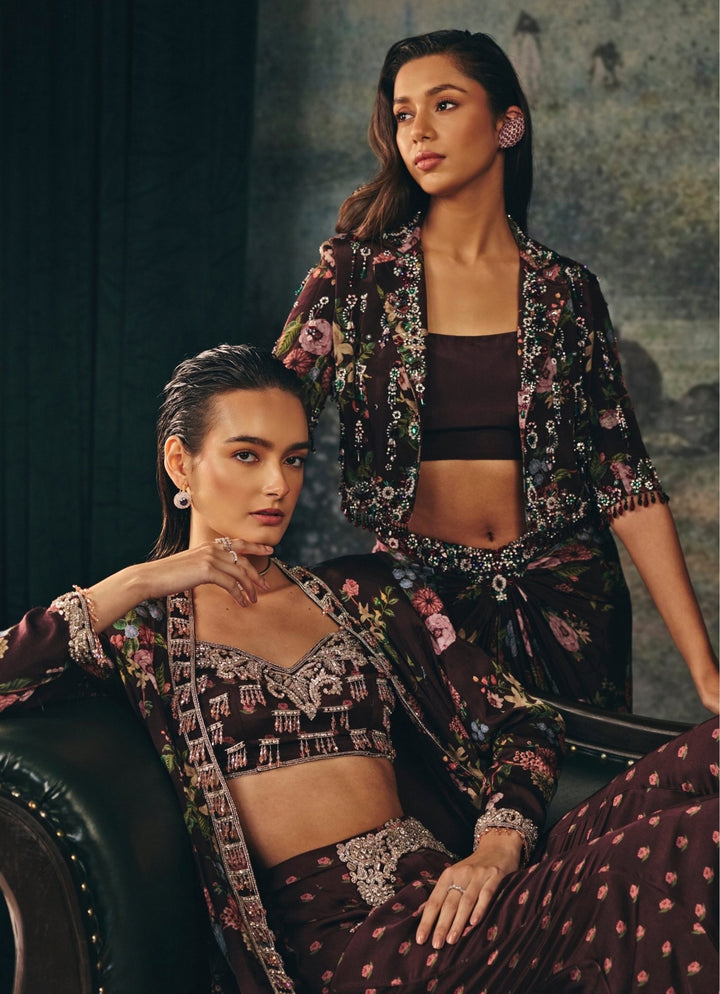 Maroon Red Satin Palazzo Set With Jacket Mani Bhatia - Fabilicious Fashion