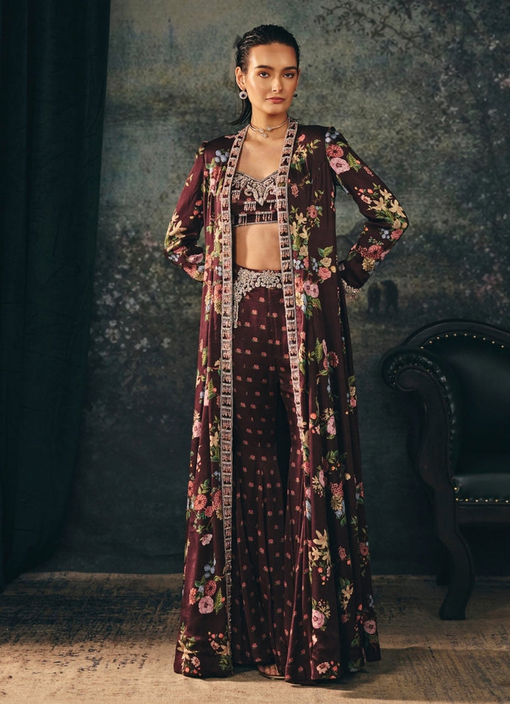 Maroon Red Satin Palazzo Set With Jacket Mani Bhatia - Fabilicious Fashion