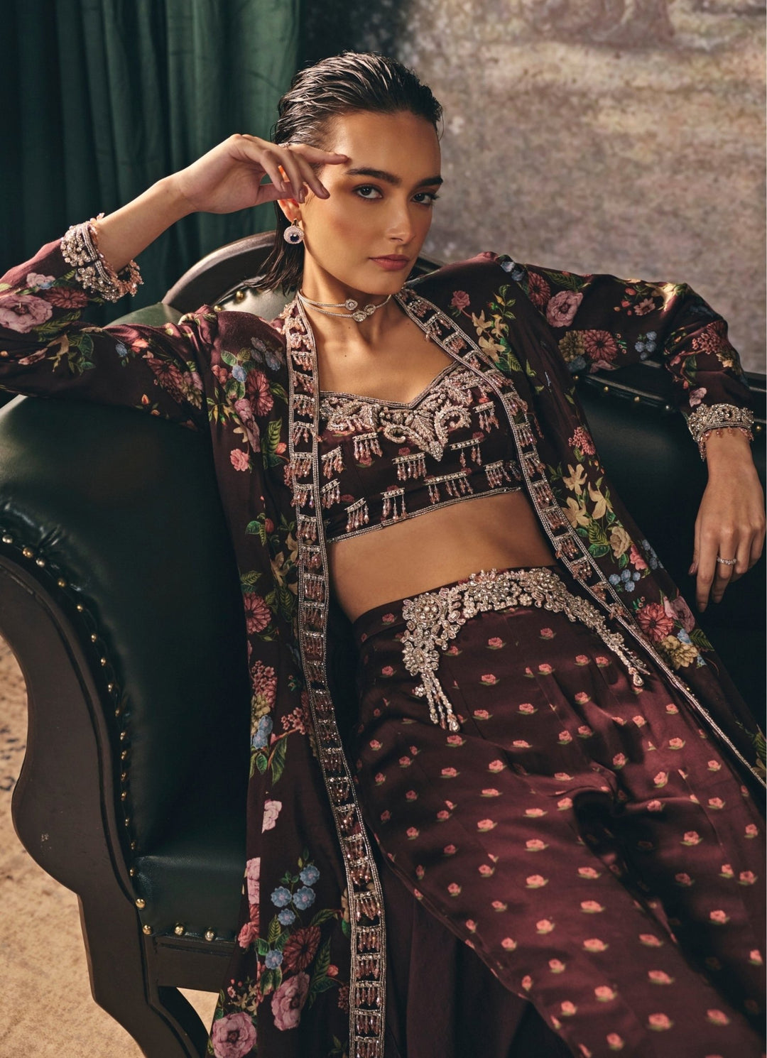 Maroon Red Satin Palazzo Set With Jacket Mani Bhatia - Fabilicious Fashion