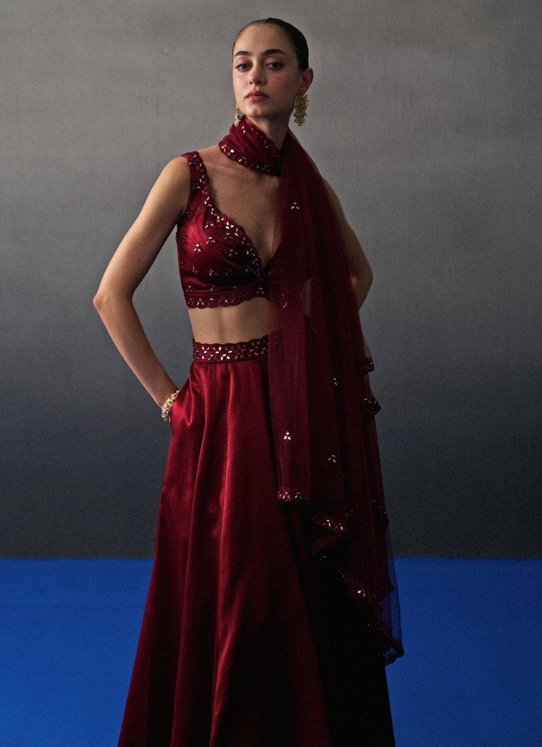 Maroon Red Satin Silk Lehenga Set Angad Singh - Fabilicious Fashion