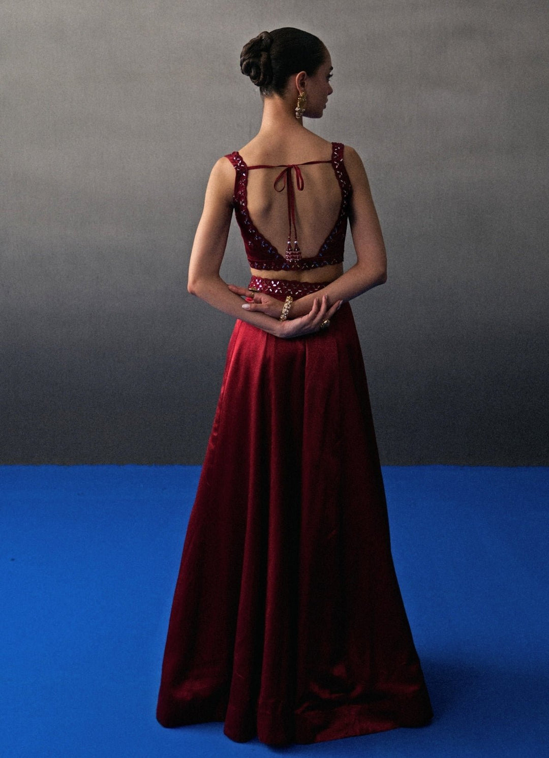 Maroon Red Satin Silk Lehenga Set Angad Singh - Fabilicious Fashion