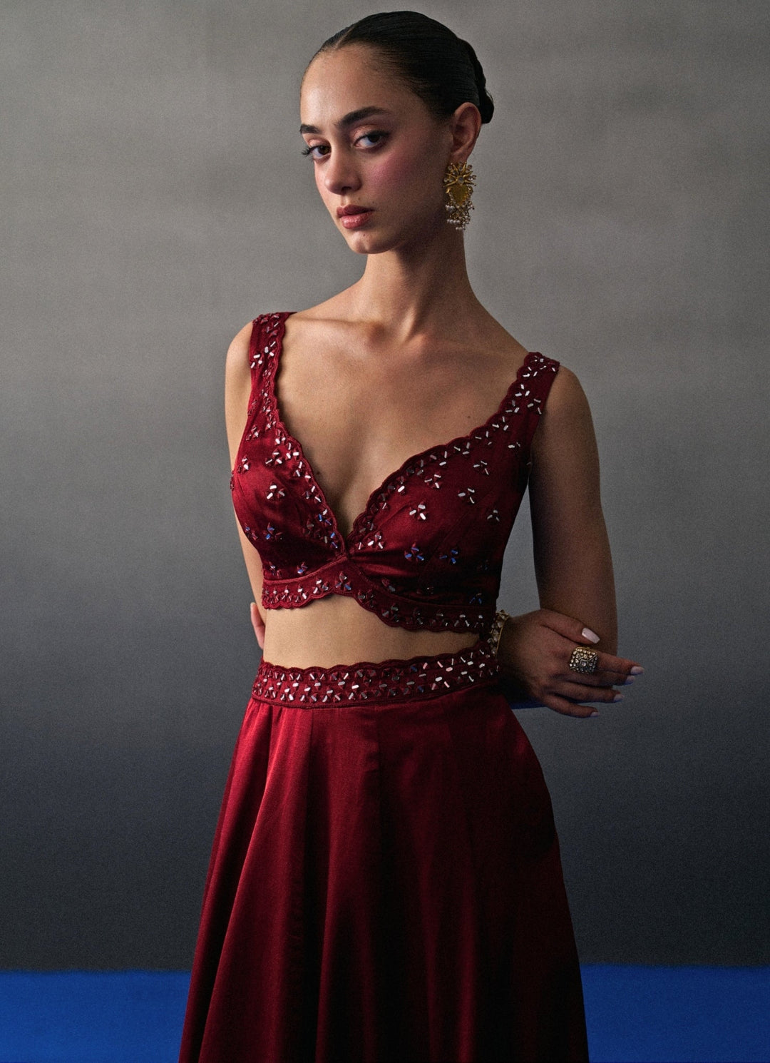 Maroon Red Satin Silk Lehenga Set Angad Singh - Fabilicious Fashion