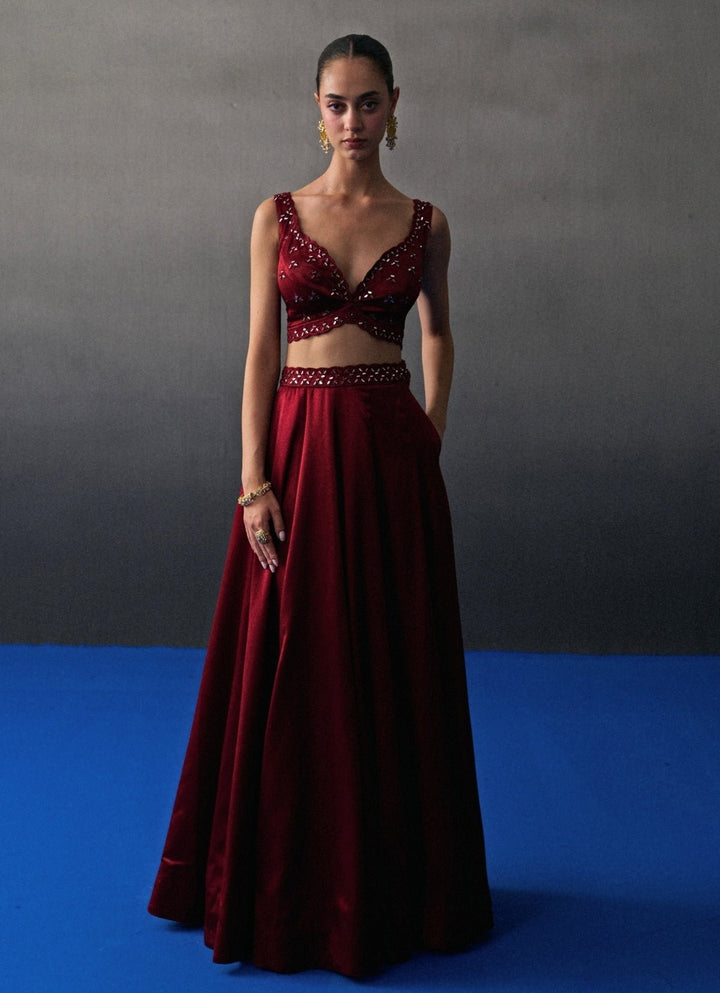 Maroon Red Satin Silk Lehenga Set Angad Singh - Fabilicious Fashion