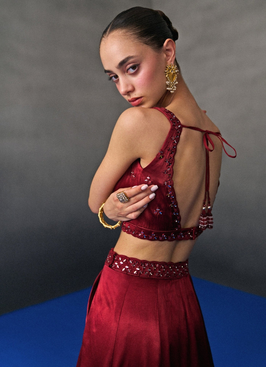 Maroon Red Satin Silk Lehenga Set Angad Singh - Fabilicious Fashion