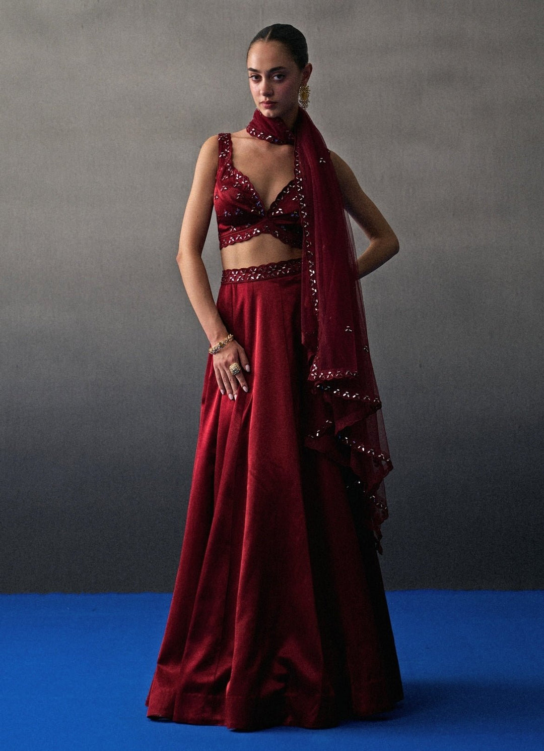 Maroon Red Satin Silk Lehenga Set Angad Singh - Fabilicious Fashion