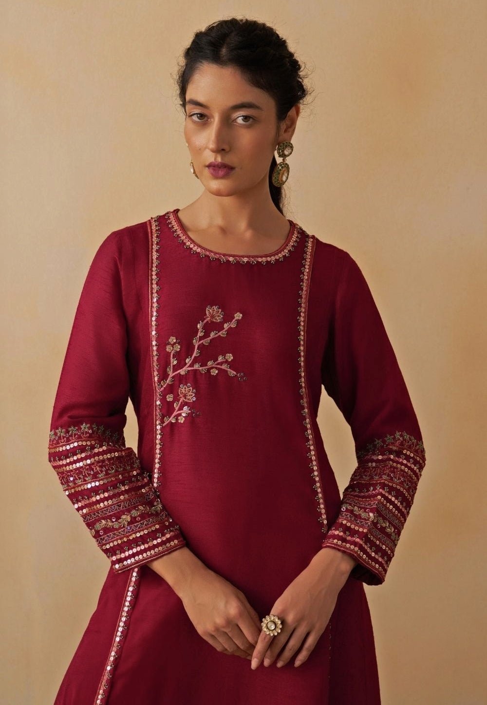 Maroon Red Silk Kurta Palazzo Set Prevasu - Fabilicious Fashion