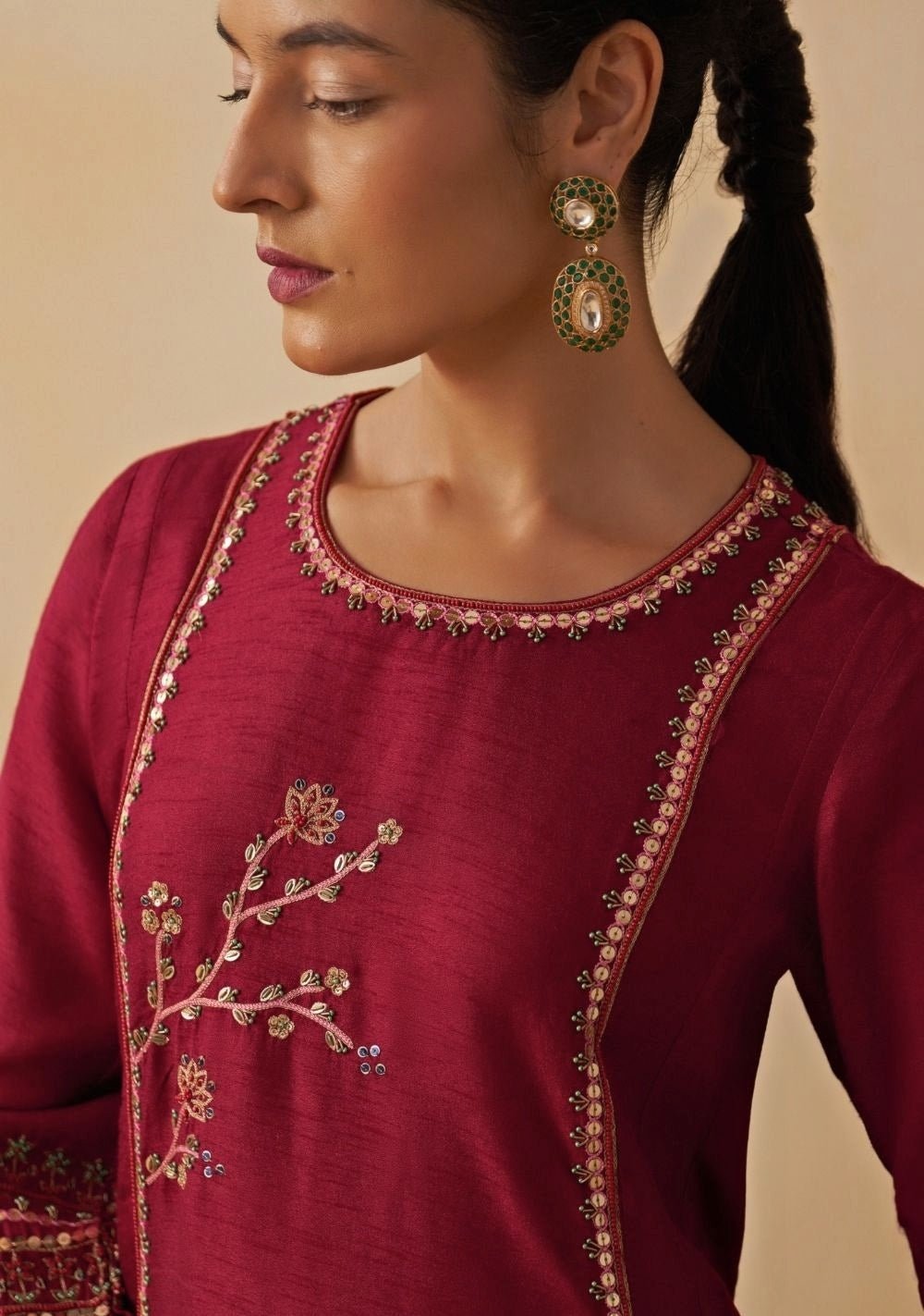 Maroon Red Silk Kurta Palazzo Set Prevasu - Fabilicious Fashion