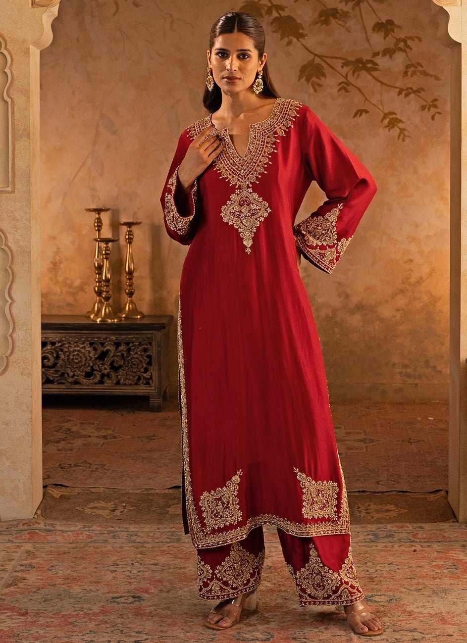 Angad Singh Maroon Red Silk Kurta Pants With Green DupattaFabilicious Fashion