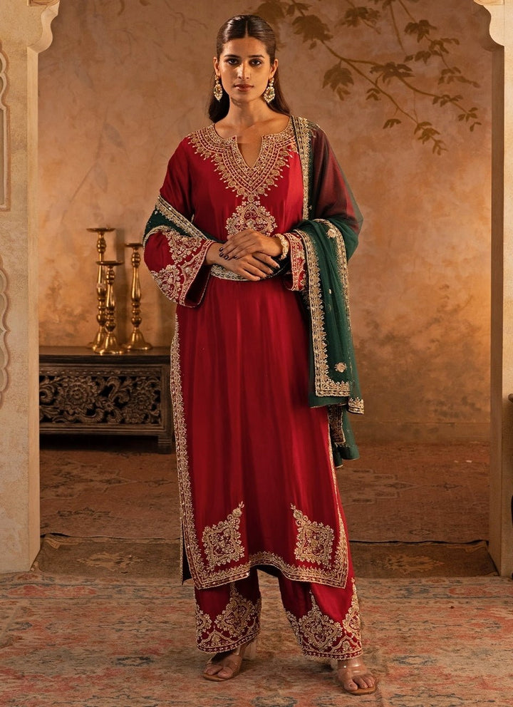 Angad Singh Maroon Red Silk Kurta Pants With Green DupattaFabilicious Fashion