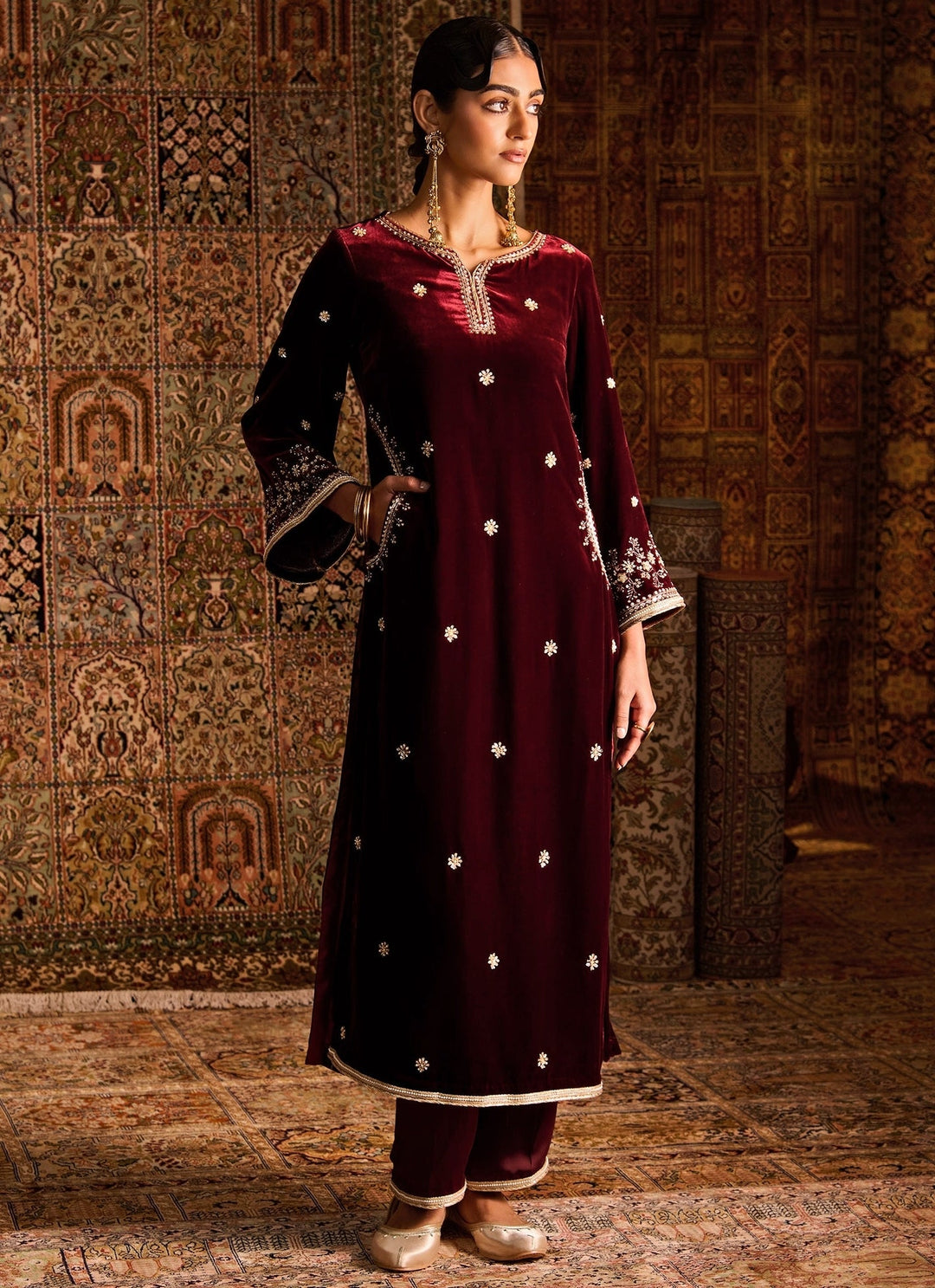 Zoon Tribe Maroon Red Silk Velvet Kurta Pants SetFabilicious Fashion