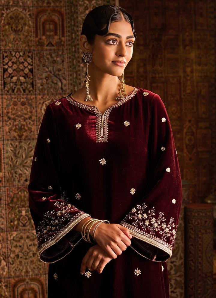 Zoon Tribe Maroon Red Silk Velvet Kurta Pants SetFabilicious Fashion