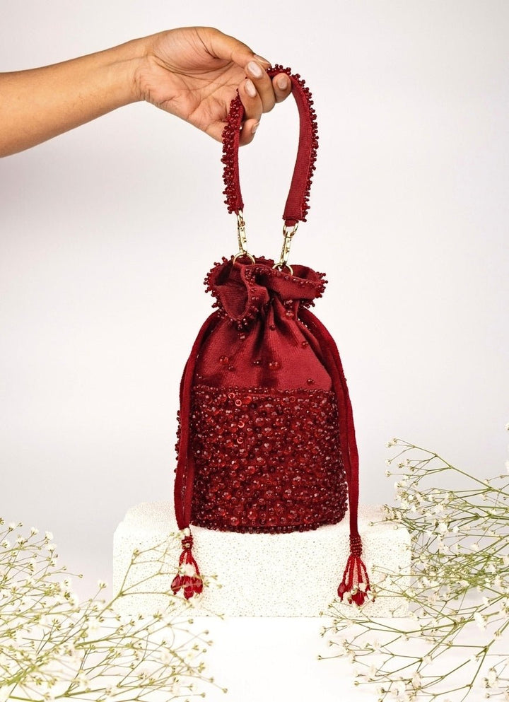 Maroon Red Suede Crystal Embellished Bucket Bag House of Kosha - Fabilicious Fashion