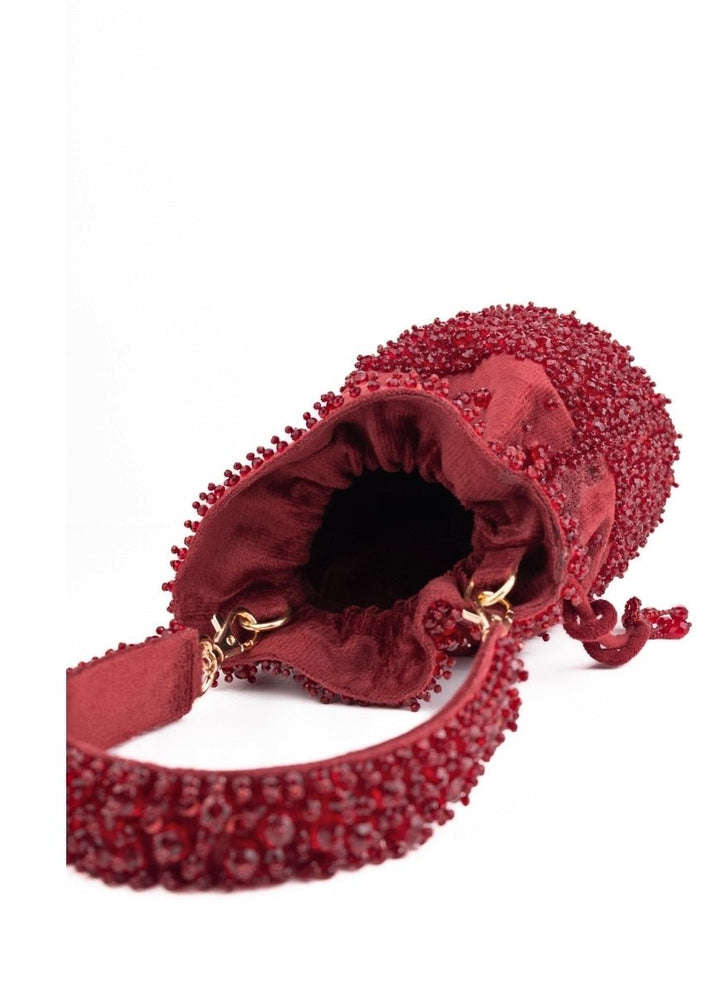Maroon Red Suede Crystal Embellished Bucket Bag House of Kosha - Fabilicious Fashion