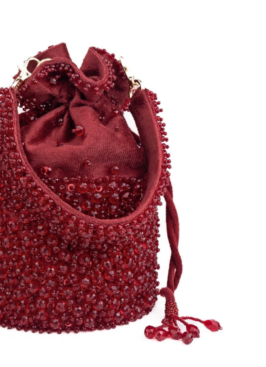 Maroon Red Suede Crystal Embellished Bucket Bag House of Kosha - Fabilicious Fashion