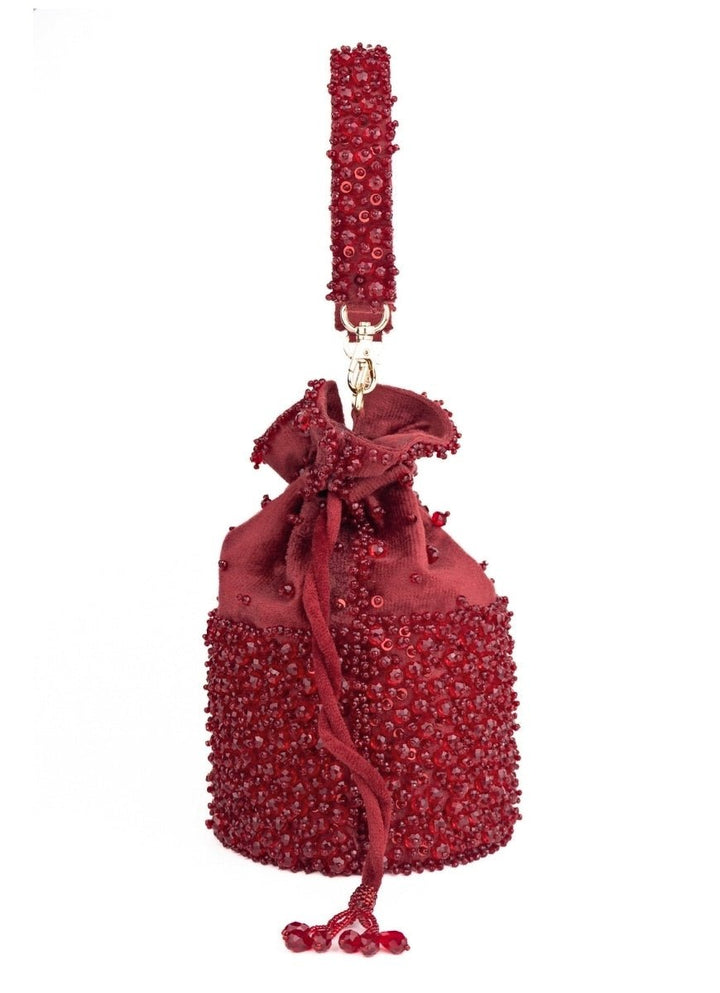 Maroon Red Suede Crystal Embellished Bucket Bag House of Kosha - Fabilicious Fashion