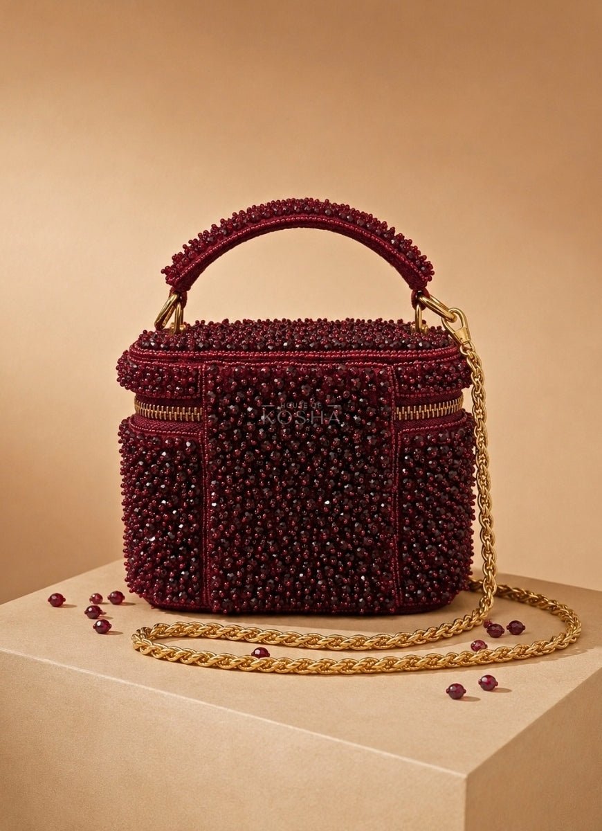 House of Kosha Maroon Red Suede Embroidered Vanity BagFabilicious Fashion