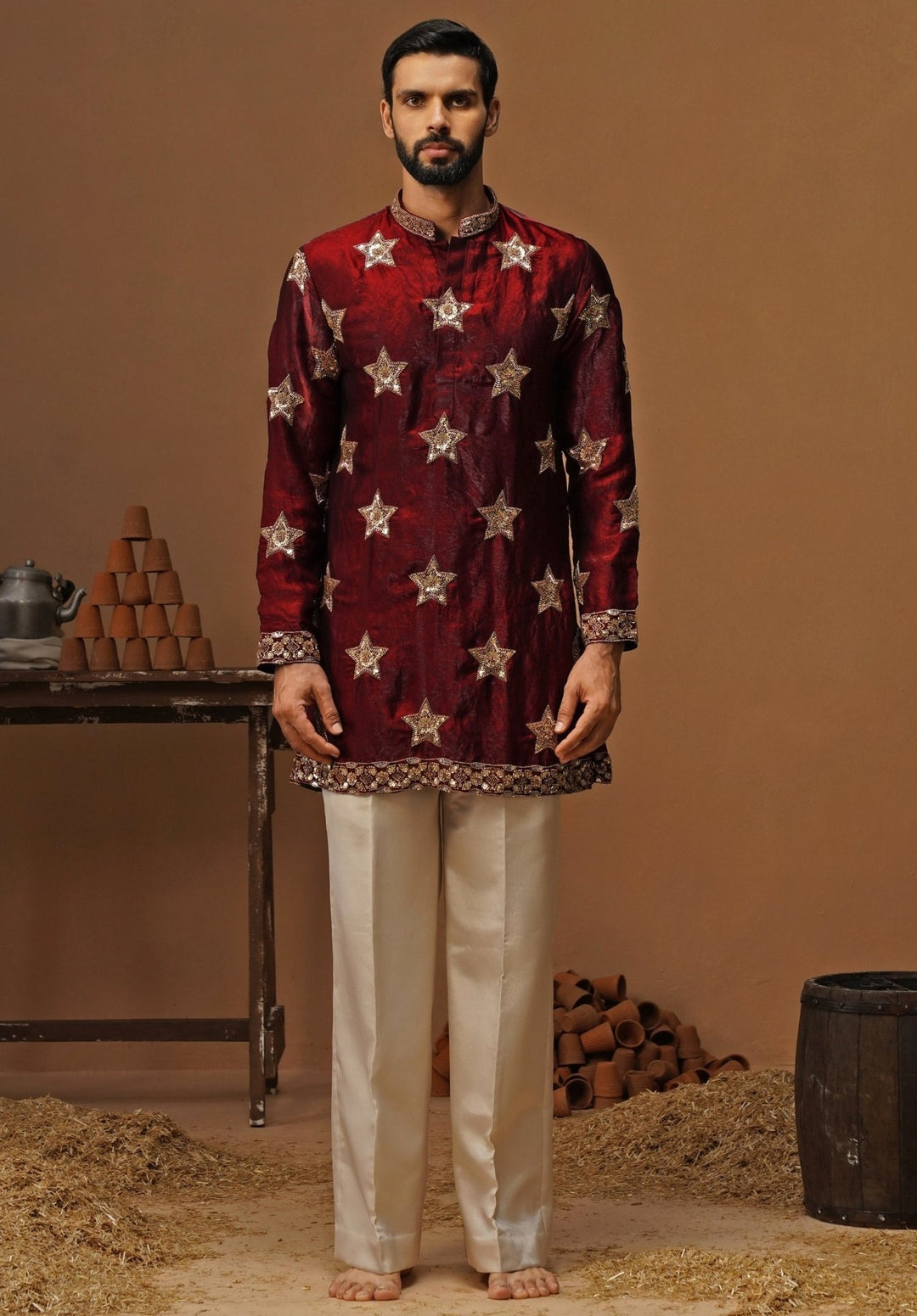 Kalpraag Maroon Red Tissue Silk Short Kurta SetFabilicious Fashion