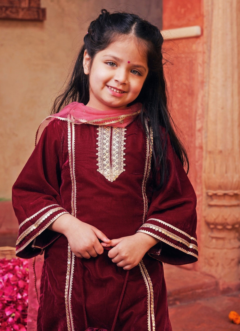 Maroon Red Velvet Kurta Salwar Set Chotibuti - Fabilicious Fashion