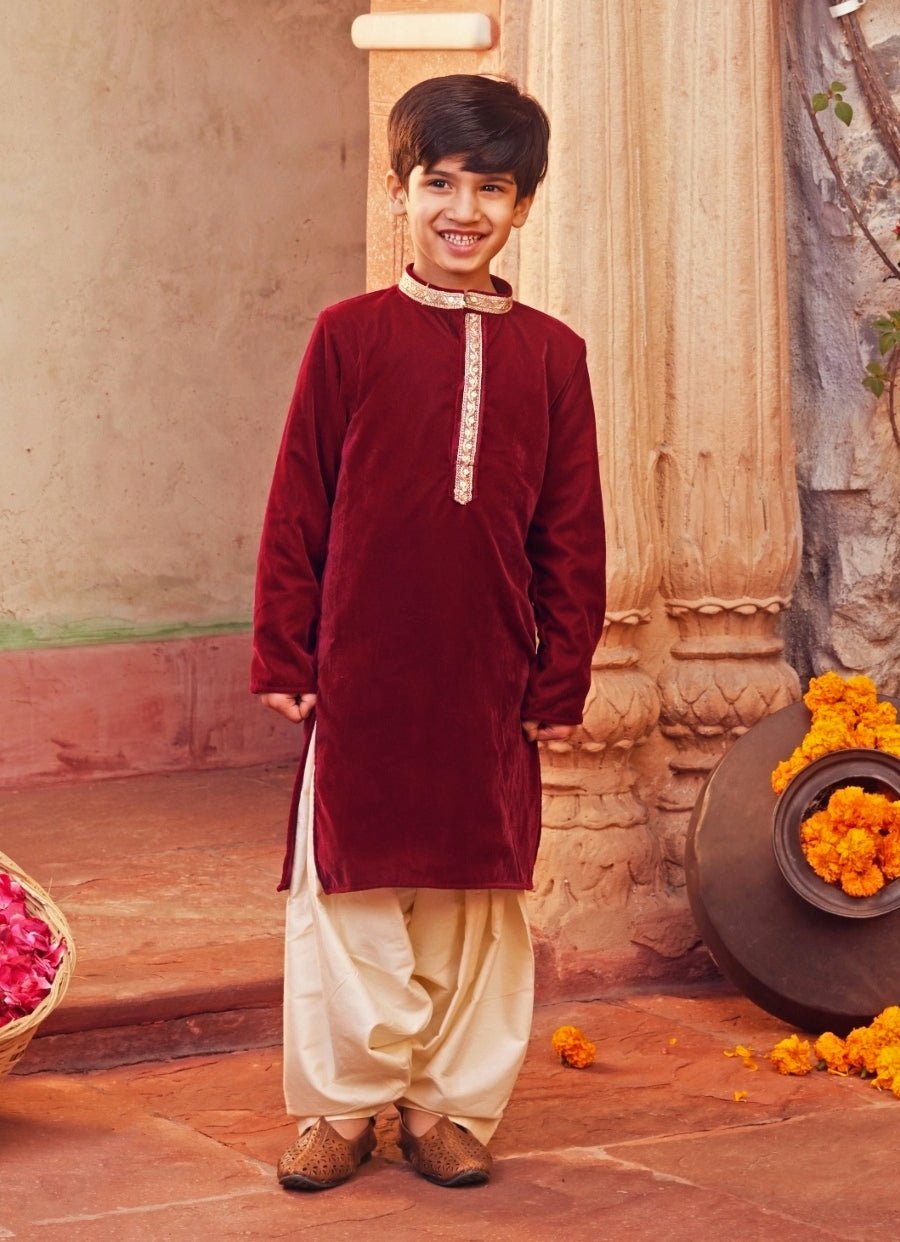 Chotibuti Maroon Red Velvet Kurta With White PantsFabilicious Fashion