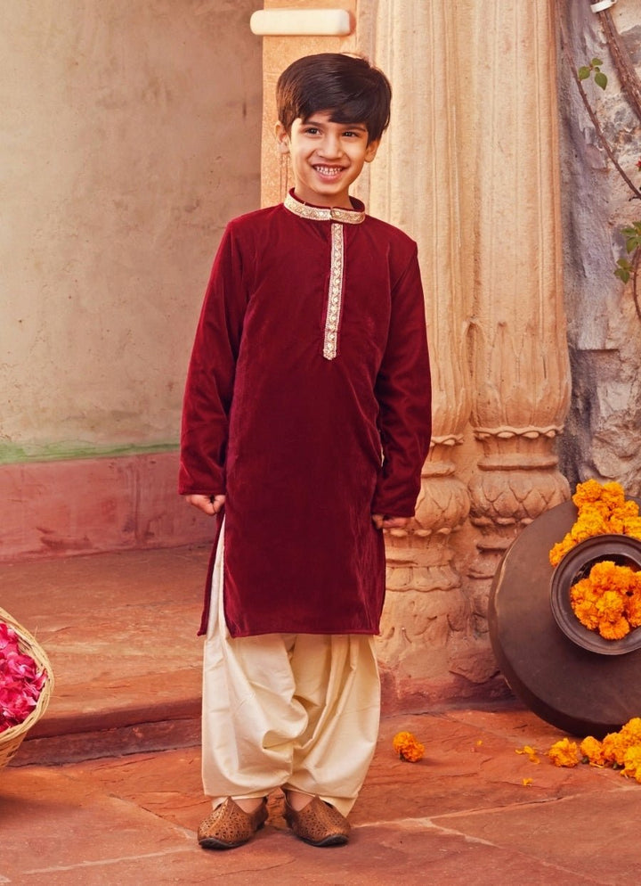 Chotibuti Maroon Red Velvet Kurta With White PantsFabilicious Fashion
