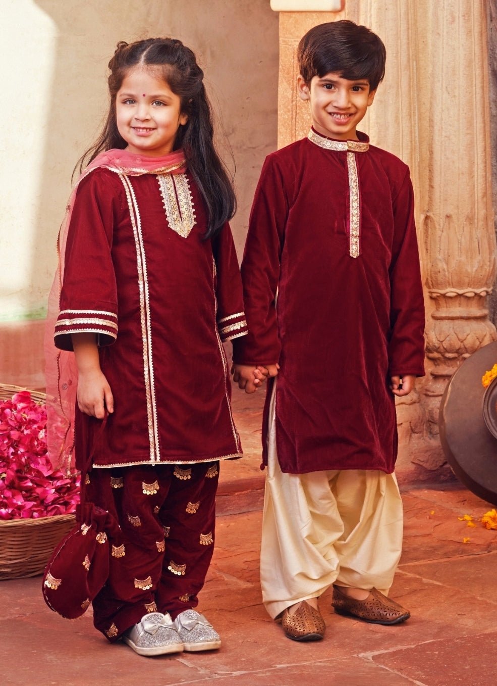 Chotibuti Maroon Red Velvet Kurta With White PantsFabilicious Fashion