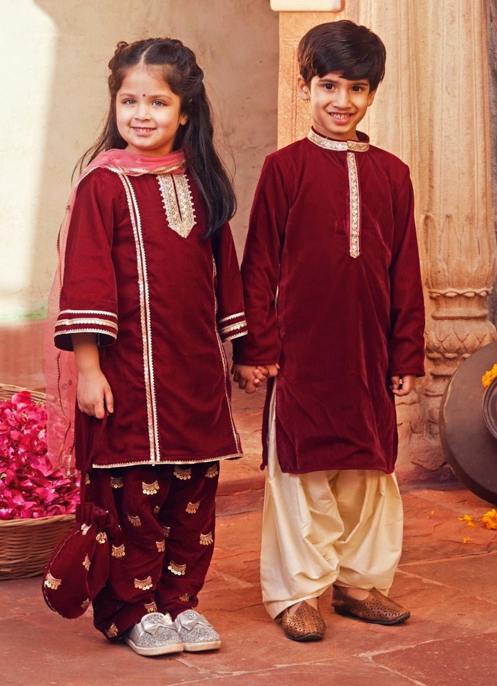 Chotibuti Maroon Red Velvet Kurta With White PantsFabilicious Fashion