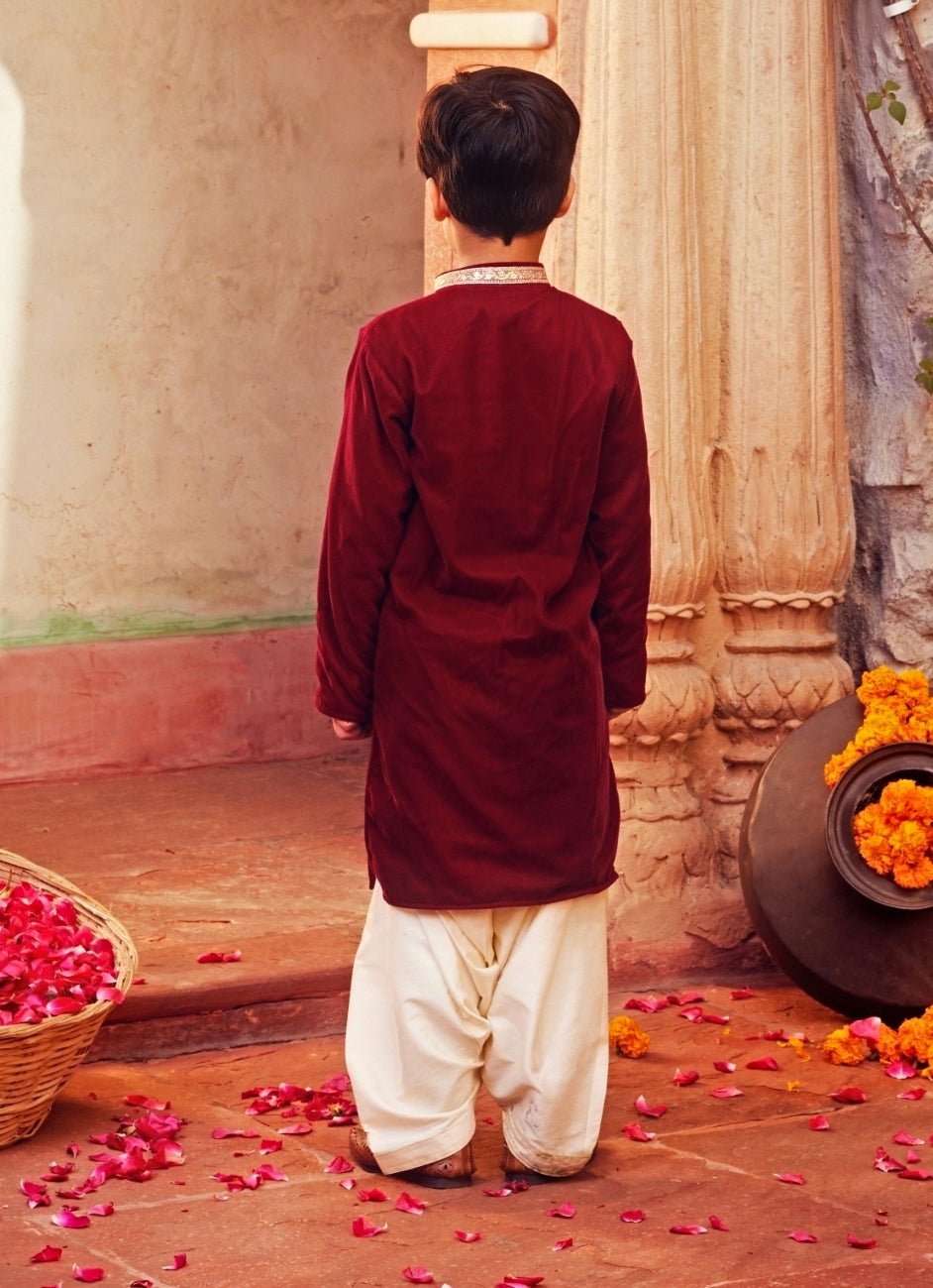 Chotibuti Maroon Red Velvet Kurta With White PantsFabilicious Fashion