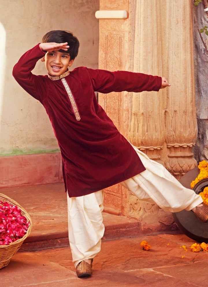 Chotibuti Maroon Red Velvet Kurta With White PantsFabilicious Fashion