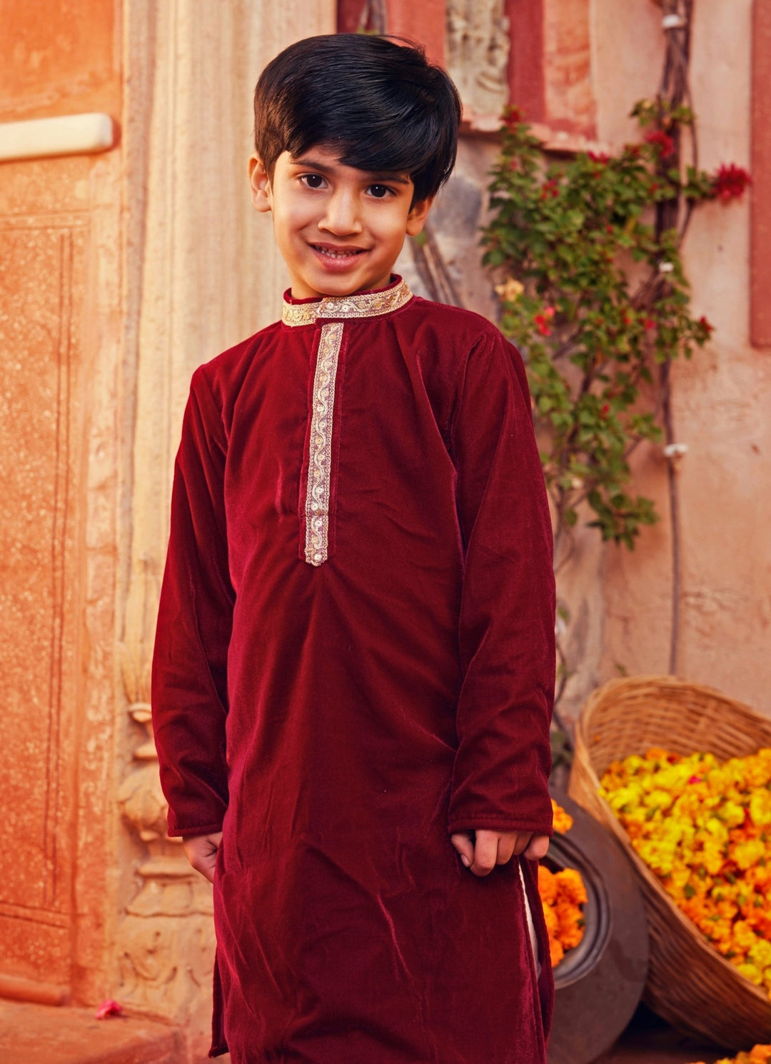 Chotibuti Maroon Red Velvet Kurta With White PantsFabilicious Fashion