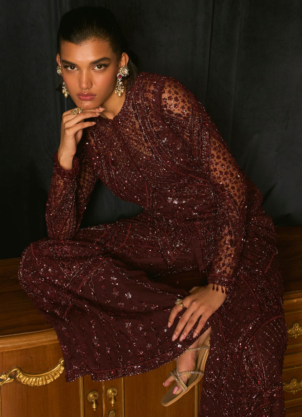 Maroon Sequins Embroidered Kurta Sharara Set Mani Bhatia - Fabilicious Fashion