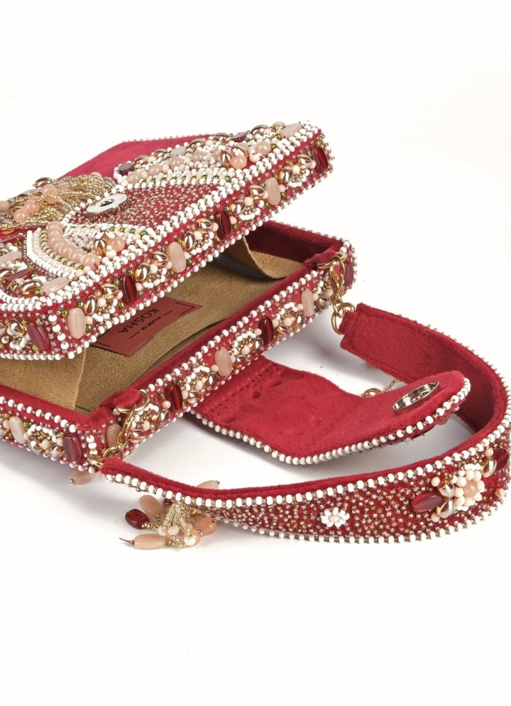 Maroon Suede Embellished Box Bag House of Kosha - Fabilicious Fashion
