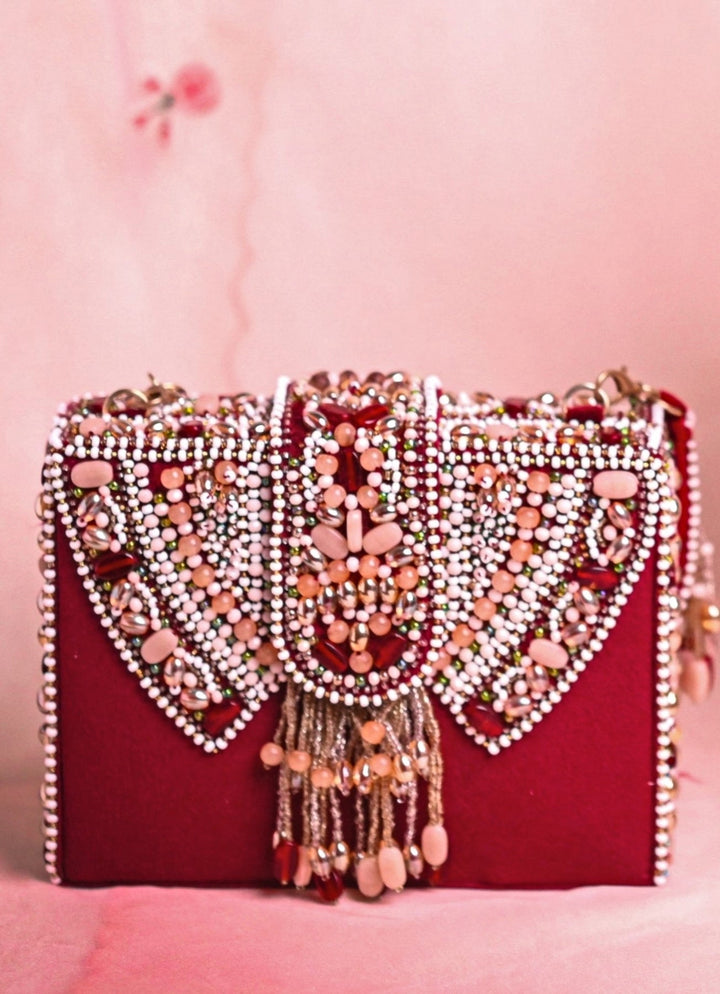 Maroon Suede Embellished Box Bag House of Kosha - Fabilicious Fashion